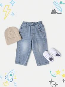 SUMWON 男婴宽松牛仔裤，弹力踝部经典日常休闲舒适玩耍裤，适合儿童四季裤