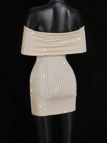 SHEIN ICON Váy ngắn hở vai đính đá lấp lánh gợi cảm - Màu be - Xem 2