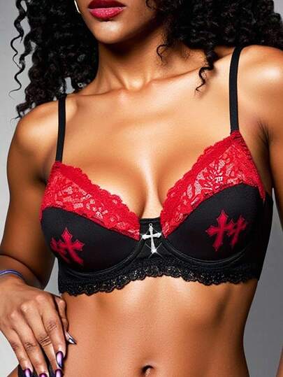 Goth Dark Gothic Cross Design Lace Underwire Triangle Bra, Halloween