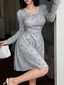 Feyla Bow Print Lace Collar Waist Fitted Knit Long Sleeve Dress For Women - Light Grey - View 2