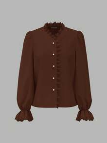 Vintamour Vintage elegantes Damen Hemd mit Kontrast-Spitze, V-Ausschnitt, lange weite Ärmel, Rüschensaum und exquisite Kunstperlenknöpfe, perfekt für Arbeit, Rückkehr zur Schule, Herbst Damen Blusen, Herbst Tops, Herbst Lehrerin, Winter Damen Vintage Weißes Langarmhemd, Knopfleiste Langarmbluse, Langarm Top, Langarm Bluse - Braun - Übersicht 3