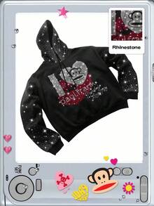 ROMWE MEN Paul Frank X ROMWE Áo hoodie họa tiết chữ và đá Rhinestone hoạt hình dành cho nam, thích hợp mặc hàng ngày, mùa thu/đông - màu đen - Xem 3