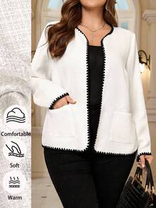 Miaspire Áo khoác viền màu thanh lịch cỡ lớn dành cho người đi làm - Màu be - Xem 3