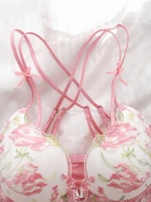 DelicateAllure 2 件前扣式提升和增强钢圈衬垫文胸，配有交叉后背和花卉刺绣舒适半罩杯内衣套装 - 粉色 - 查看 6
