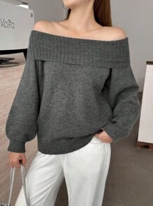 SHEIN Teen Girls Sweaters Casual Off Shoulder Girl Solid Color Long Sleeve Sweater,Off The Shoulder Sweater,Grey Sweater,Fall Sweaters,Fall Girl Sweaters,Girl Sweaters,Fall Sweaters,Fall Outfit,Outgoing,Off Shoulder Top Gray Top Winter