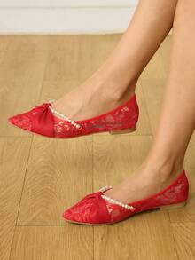 CUCCOO HITCHD Giày bệt mũi nhọn đính ngọc trai, dây xích đính đá, thiết kế nơ, thanh lịch, lãng mạn, giày cô dâu/phù dâu ren trắng, thích hợp cho đám cưới, hẹn hò, trà chiều - Đỏ - Xem 2