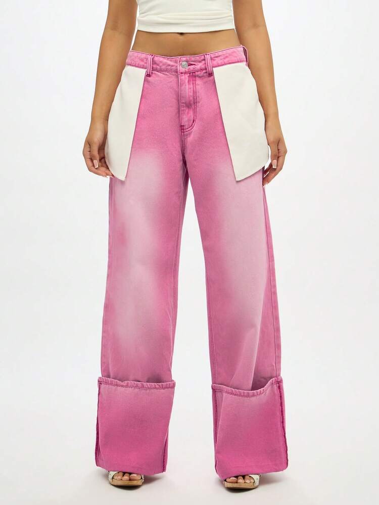 SUMWON WOMEN Pink Denim Palazzo Jeans With Turn Up Cuffs