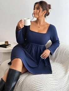 Lounesse Đầm thiết kế buộc lưng cổ vuông màu xanh navy cỡ lớn cho nữ, thời trang mặc hàng ngày - Màu xanh hải quân - Xem 6