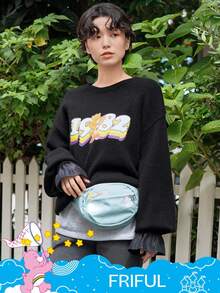 FRIFUL SHEIN X Care Bears Women's Loose Fit Crew Neck Cartoon Pattern Thermal Lined Thick Sweater - Black - View 9