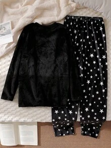 Genkimix Kids Girls Pajamas, Elegant Casual Home Wear, Long Sleeve Top & Pants Set, Cloud & Smile Embroidery, Starry Sky Pattern, Fleece Fabric, Suitable For Tween Girlsin Autumn/Winter Black Pj Set Fall - Black - View 2