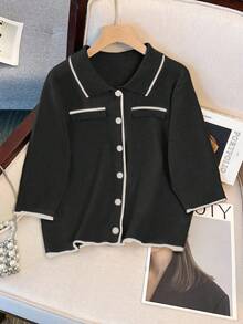 Franclia Women's Vintage Contrast Color Collar Knit Short Sleeve Cardigan, Spring/Summer