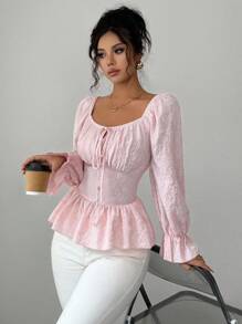 Elenzga New Women's Square Collar Long Sleeve Woven Jacquard Fabric Chest Pleated Front Bowknot Design Ruffle Hem Cinched Waist Elegant Casual Blouse, Spring/Autumn Fall Cloth For Women - Pink - View 4