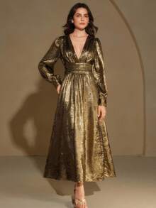 Anewsta Women's Elegant Romantic Date/Commute Backless Tie Strap Metallic Gold V-Neck Cinched Waist Lantern Sleeve Long Sleeve Rhinestone Maxi Dress, New Year Clothes, Party Dress, Graduation Dress - Gold - View 1