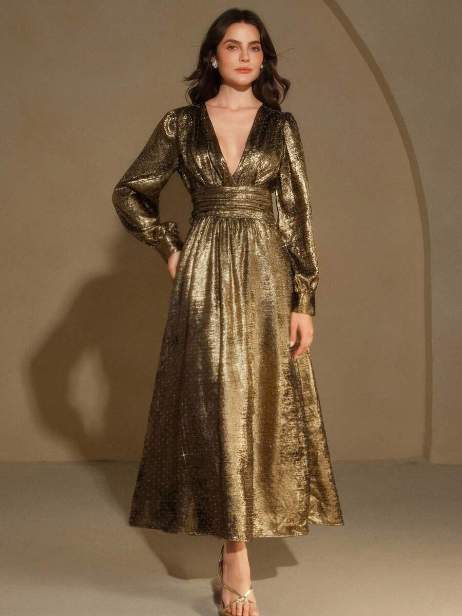 Anewsta Women's Elegant Romantic Date/Commute Backless Tie Strap Metallic Gold V-Neck Cinched Waist Lantern Sleeve Long Sleeve Rhinestone Maxi Dress, New Year Clothes, Party Dress, Graduation Dress - Gold - View 1