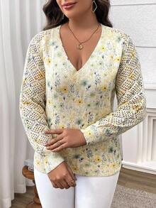 EMERY ROSE Damen Pullover in Große Größen mit Blumenmuster, V-Ausschnitt, Hohlmuster, locker gestrickt, Langarm, Lässig Resort Stil, Herbst - Verschiedenfarbig - Übersicht 6