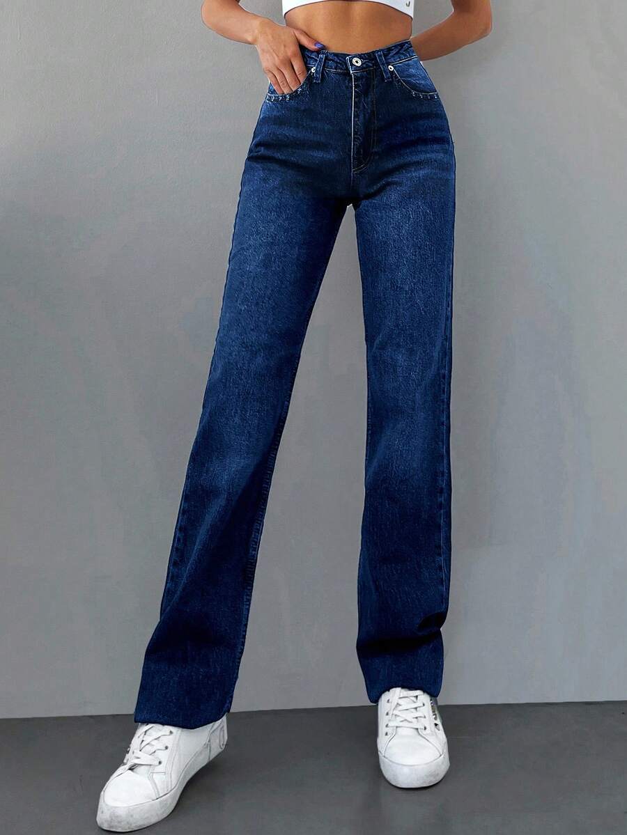 SHEIN Cottnline 女裝休閒直筒牛仔褲 - 深色水洗藍 - 查看 1
