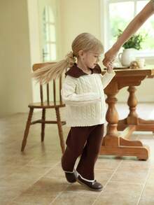 SHEIN Young Girls'2025 Apricot-Caramel Cable-Knit Co-Ords,Autumn,School Girl,Back-To-School Elegant Big Collar Long-Sleeve Cardigan & Pants Set,Slouchy-Chic - Apricot - View 4