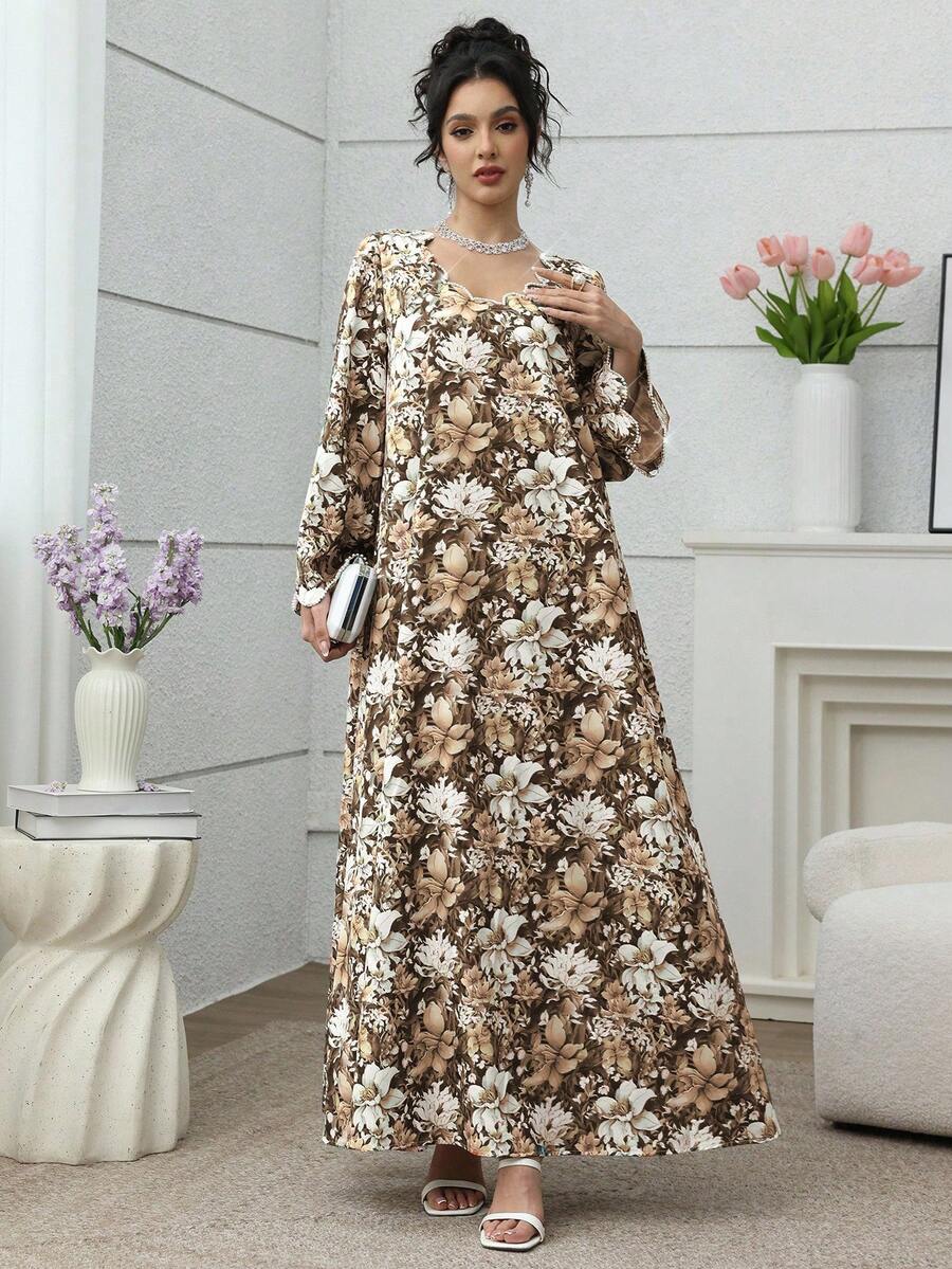 Elegant Vintage Romantic Floral & Pearl Decor Loose Fit Casual Dress For Women - Multicolor - View 1