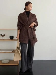 Dazy-Less Women's Thick Fleece Loose Business Casual Tie-Up Cinched Waist Knit Cardigan, Suitable For Office Wear In Autumn & Winter - Brown - View 6