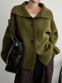 Dazy-Less 女士宽松商务休闲高领纯色针织开衫，适合秋冬季办公室穿着外套 - 墨綠色 - 查看 1