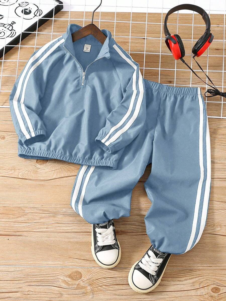 SHEIN 2 件套年轻男童休闲插肩袖立领装饰丝带立领半开襟夹克和松紧腰裤套装，羊毛，加厚 - 霧霾藍 - 查看 1