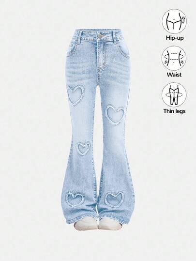 SHEIN Girlism Tween Girls Y2K Fashionable Stonewashed Heart Pattern High Waist Flare Leg Jeans,Girls Fall Clothes Streetwear Outfits Winter