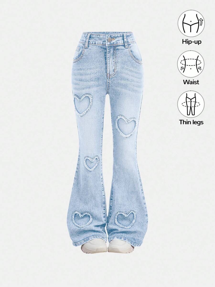 SHEIN Girlism Jeans acampanados de cintura alta con estampado de corazón desgastado de moda para niñas preadolescentes, ropa de otoño para niñas, conjuntos de ropa de calle