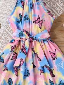 少女印花綁蝴蝶結吊帶裙