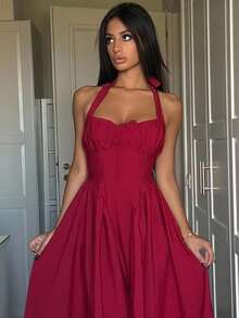Ronhire Vestido feminino com decote halter e laço franzido, trajes de festa femininos em vermelho, trajes de véspera de Ano Novo, vestido de baile de máscaras, trajes de aniversário femininos, vestido vermelho sexy, vestido com laço, vestido de princesa feminino para o Ano Novo - Vermelho - Ver 4