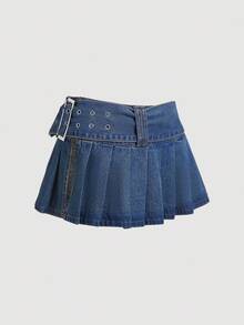 Attitoon ICON 女式牛仔高低褶开衩裙、返校节短裙、迷你裙、牛仔裙、深灰色、黑色短裙、派对女裙、狂欢节服装、牛仔裙 - 深色水洗藍 - 查看 3