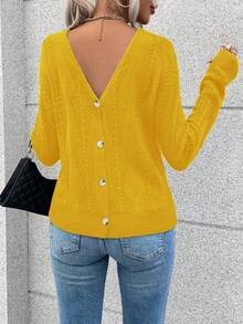 Breezaya V-Neck Backless Knit Sweater Fall Winter Cloth For Women Women Long Sleeve Tops Yellow Tops Yellow Top Women Yellow Sweater Off Shoulder Sweater