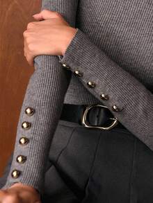 MOTF PREMIUM FUNNEL NECK SLIM FIT BUTTON DECOR SWEATER - Grey - View 3