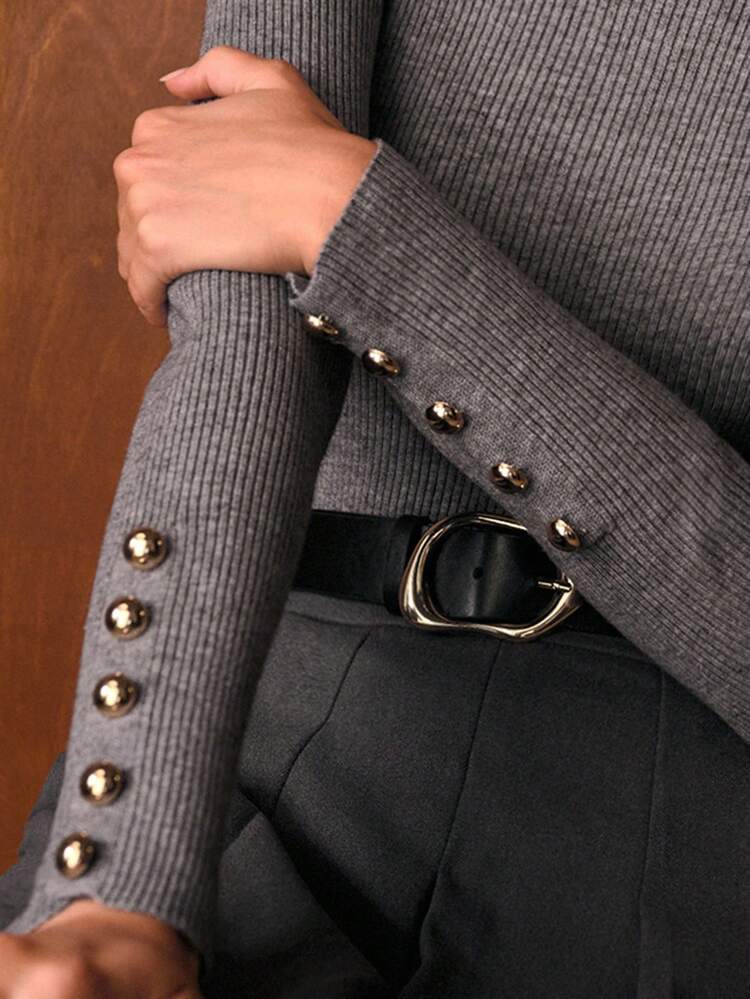 FUNNEL NECK SLIM FIT BUTTON DECOR SWEATER