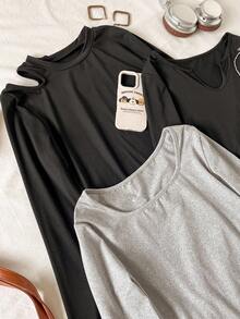 قميص تي شيرت أكمام طويلة لون أحادي بتصميم بسيط للمراهقات، للارتداء اليومي العادي