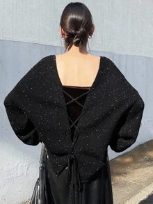 FRIFUL 女士宽松镂空交叉露背休闲毛衣，都市风格，秋季亮片 - 黑色 - 查看 2