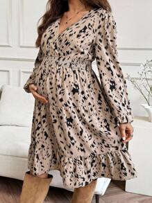 SHEIN Maternity Allover Print Shirred Lantern Sleeve Gathered Waist Elegant Dress Leopard Print Midi Dress Long Sleeve Midi Dress  Fall Women Clothes  Fall - Khaki - View 6