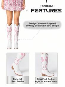 ROMWE Kawaii Women's Cutout Bow Embroidered White Western Boots, Spring/Autumn New Leather Over-The-Knee Boots For Christmas Y2K 2000s Style - White - View 7