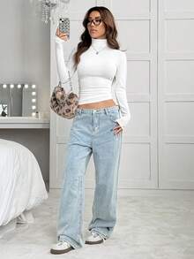 SHEIN EZwear Áo thun cổ lọ tay dài màu trắng trơn cỡ lớn, mùa thu - trắng - Xem 4