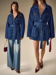 Selenza Women's Long Sleeve Single-Breasted Cargo Pocket Casual Denim Jacket - Blue - View 1