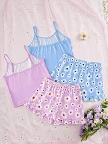 Set de 4 piezas de pijama informal para niña preadolescente con top de tirantes y shorts con estampado floral rosa y azul - Multicolor - Ver 2