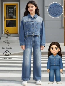 Conjunto Denim de 2 Peças para Meninas Pré-Adolescentes, Estilo Y2K, Design de Bolso em Formato de Coração, Confortável Casual, Moda Streetwear, Jaqueta de Manga Longa em Denim Lavado Suave e Calça Reta, Adequado para Primavera/Outono - Lavagem Média - Visão 3