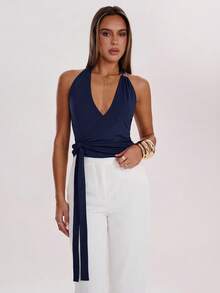 SHEIN BAE Women's Sexy Deep V Wrap Backless Halter Top, Summer - Navy Blue - View 3