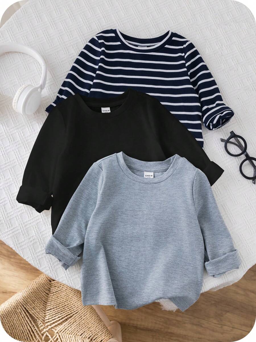 SHEIN 3 件套黑白条纹纯色圆领长袖套头衫，柔软舒适，百搭休闲装，适合男婴和女婴，适合春秋季节 - 彩色 - 查看 1