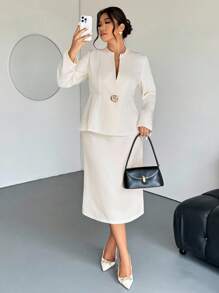 Firerie 大码春秋舒适休闲优雅度假/通勤办公室金属纽扣 V 领喇叭长袖衬衫和直筒修身裙 2 件套女士 - 米色 - 查看 6