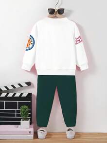 2 件套幼儿男童返校休闲酷炫字母涂鸦印花羊毛圆领运动衫和运动裤套装，时尚秋冬日常装 - 彩色 - 查看 2