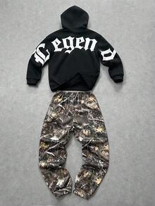 SHEIN Tween Boy 休闲街头时尚字母印花连帽衫和运动裤套装，适合通勤、上学、日常休闲装、运动、秋冬