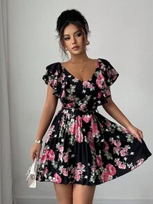 Elenzga Váy dài thướt tha cổ chữ V, eo cao, họa tiết hoa dáng chữ A, thanh lịch, lãng mạn dành cho nữ - Nhiều màu - Xem 5