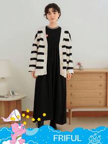 SHEIN X Care Bears FRIFUL 女式 V 领宽松条纹落肩宽松刺绣纽扣前开衫 - 黑與白 - 查看 9