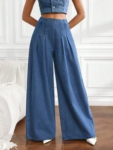 SHEIN Tall 女式高腰褶皱阔腿宽松休闲百搭牛仔裤 - 藍色 - 查看 4