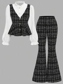 Girlism Ensemble deux pièces pour jeune fille, chemise à manches longues à col volant plissé en tissu croisé élégant pour le printemps et l'automne + pantalon simple en tissu croisé tressé - Noir et Blanc - Voir 2
